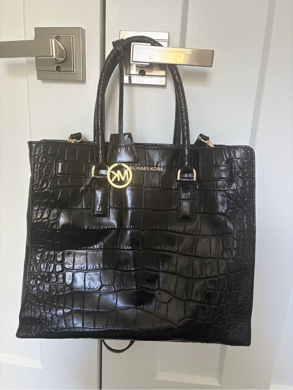 Michael Kors Hamilton Black Croc Embossed Leather Tote Bag